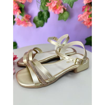 Sandália Infantil de Tiras Dourado Com Strass Luxo