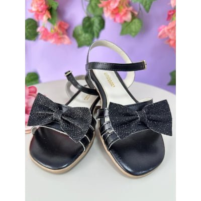 Sandália Infantil de Tiras Preta Com Laço e Glitter Luxo