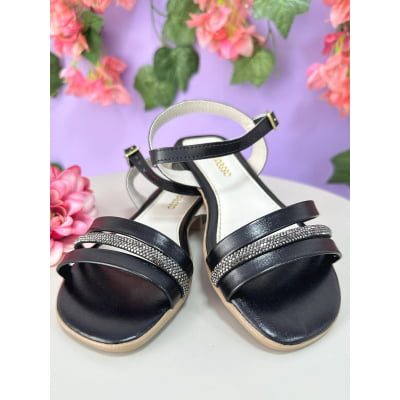 Sandália Infantil de Tiras Preta Com Strass Luxo