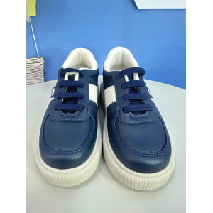 Sapatênis Azul Marinho e Bege Com Cadarço Elástico Ajustavel