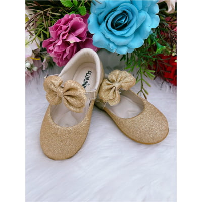 Sapatinho Bebê Dourado Com Glitter e Aplique de Lacinho