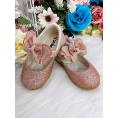 Sapatinho Bebê Nude Com Aplique de Lacinho e Glitter