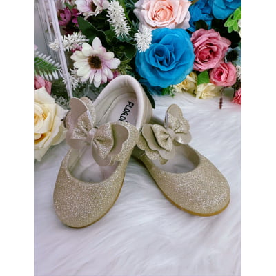 Sapatinho Bebê Ouro Com Glitter e Aplique de Lacinho