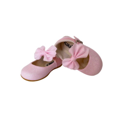 Sapatinho Bebê Rosa Com Glitter e Aplique de Lacinho