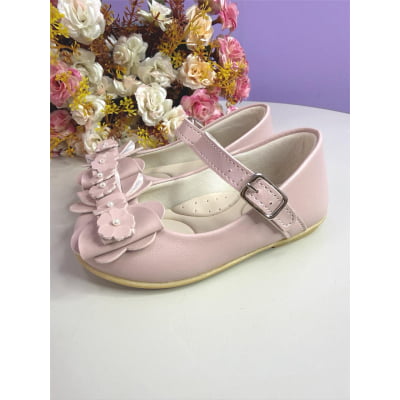 Sapatinho Infantil Nude Fosco C/ Aplique de Flores e Pérolas