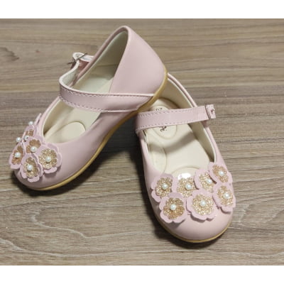 Sapatinho Infantil Nude Verniz C/ Aplique de Florzinhas Glitter Sapatinho Infantil Nude Verniz C/ Aplique de Florzinhas Glitter