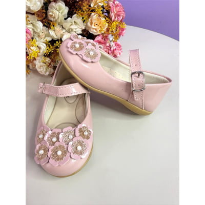 Sapatinho Infantil Nude Verniz C/ Aplique de Florzinhas Glitter