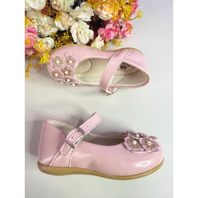 Sapatinho Infantil Nude Verniz C/ Aplique de Florzinhas Glitter