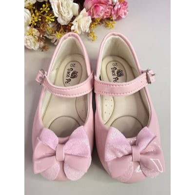 Sapatinho Infantil Rosa Verniz C/ Aplique de Lacinho Glitter