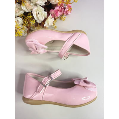 Sapatinho Infantil Rosa Verniz C/ Aplique de Lacinho Glitter