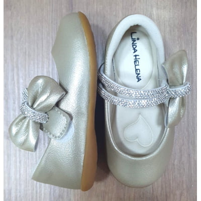 Sapatinho Ouro Fosco Aplique de Lacinho e Tiras C/ Strass Sapatinho Ouro Fosco Aplique de Lacinho e Tiras C/ Strass