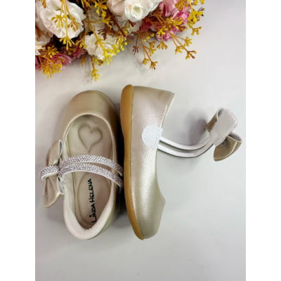 Sapatinho Ouro Fosco Aplique de Lacinho e Tiras C/ Strass