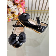 Sapatinho Preto Veniz C/ Lacinho de Organza e Strass Batizado