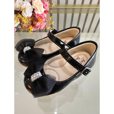 Sapatinho Preto Veniz C/ Lacinho de Organza e Strass Batizado