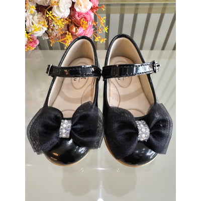 Sapatinho Preto Veniz C/ Lacinho de Organza e Strass Batizado
