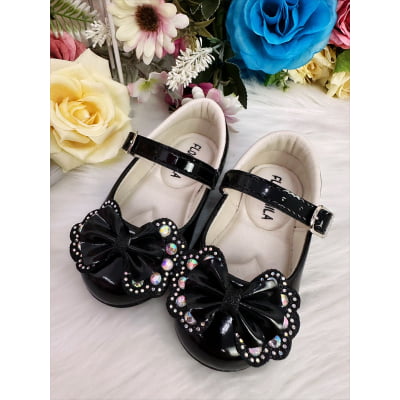 Sapatinho Preto Verniz Com Lacinho Duplo e Strass