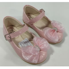 Sapatinho Rosa Veniz C/ Lacinho de Organza e Strass Batizado