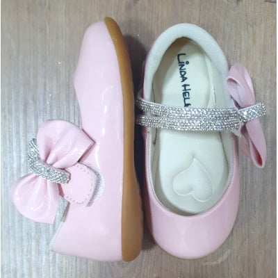 Sapatinho Rosa Verniz Aplique de Lacinho e Tiras C/ Strass Sapatinho Rosa Verniz Aplique de Lacinho e Tiras C/ Strass
