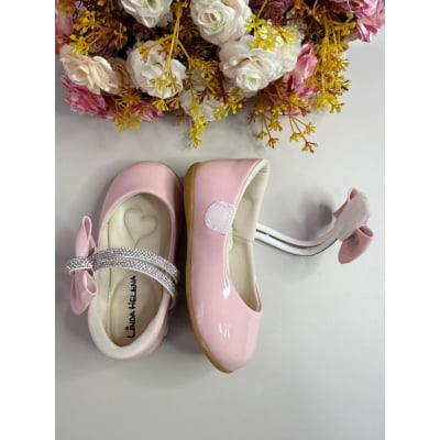 Sapatinho Rosa Verniz Aplique de Lacinho e Tiras C/ Strass