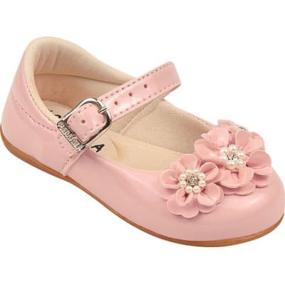 SAPATINHO ROSA VERNIZ FLOR PÉROLAS E STRASS