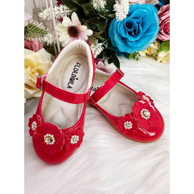 Sapatinho Vermelho Verniz Com Florzinhas Pérolas e Strass