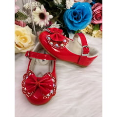 Sapatinho Vermelho Verniz Com Lacinho Duplo e Strass