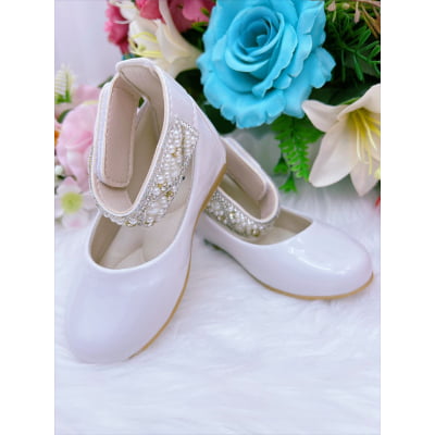 Sapatinho Branco Brilho Tornozeleira com Pérolas e Strass