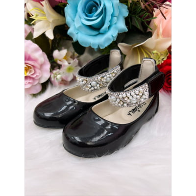 Sapatinho Preto Brilho de Tornozeleira com Pérolas e Strass