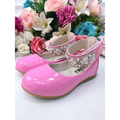Sapatinho Rosa Chiclete De Tornozeleira Com Pérolas E Strass