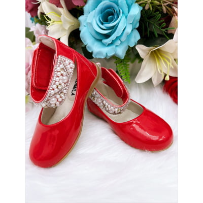 Sapatinho Vermelho Brilho Tornozeleira com Pérolas e Strass