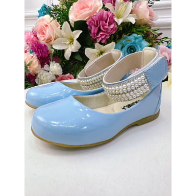 Sapatinho Azul Bebê com Tornozeleira Pérolas e Strass
