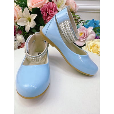 Sapatinho Azul Bebê com Tornozeleira Pérolas e Strass