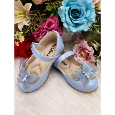 Sapatinho Azul Bebê Verniz C/ Aplique Borboleta Luxo Glitter