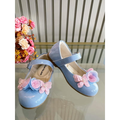 Sapatinho Azul Bebê Verniz C/ Aplique de Flor Borboleta Luxo