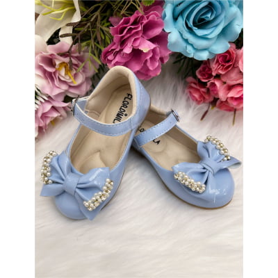 Sapatinho Azul Bebê Verniz Com Lacinho Pérolas e Strass