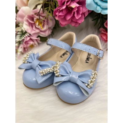 Sapatinho Azul Bebê Verniz Com Lacinho Pérolas e Strass