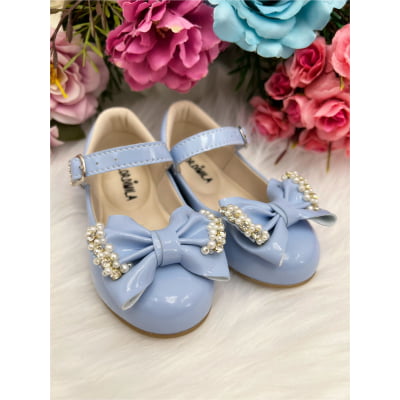 Sapatinho Azul Bebê Verniz Com Lacinho Pérolas e Strass