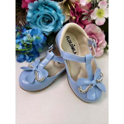 Sapatinho Azul Bebê Verniz de Lacinho C/ Strass Pérolas