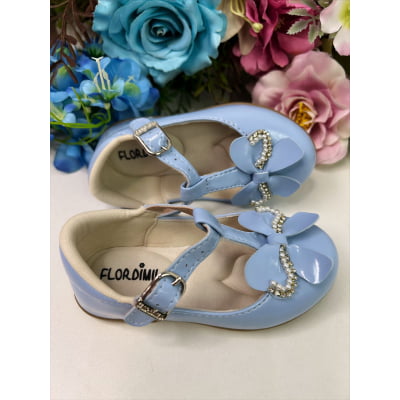 Sapatinho Azul Bebê Verniz de Lacinho C/ Strass Pérolas