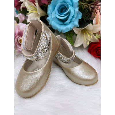 Sapatinho Dourado de Tornozeleira com Pérolas Strass