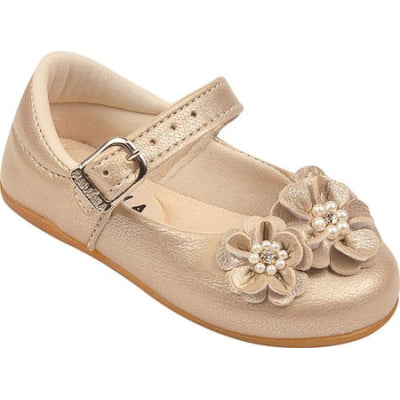 Sapatinho Dourado Flor Pérolas e Strass