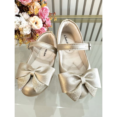 Sapatinho Dourado Fosco Com Aplique de Lacinho Luxo