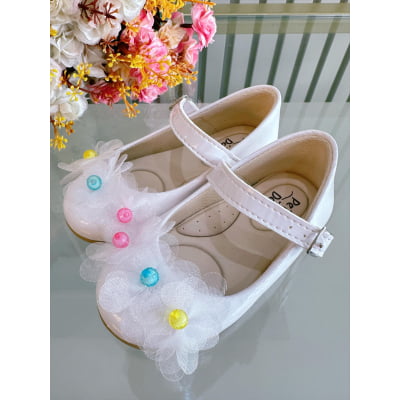 Sapatinho Infantil Branco Verniz Jardim Encantado Luxo