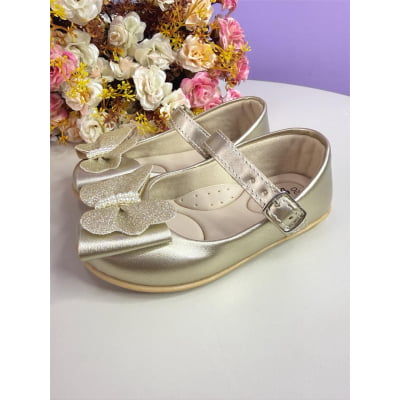 Sapatinho Infantil Dourado Fosco C/ Aplique Borboleta Luxo