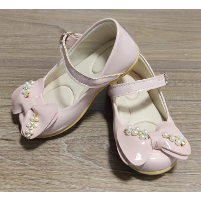Sapatinho Infantil Nude Verniz C/ Aplique de Lacinho Pérolas