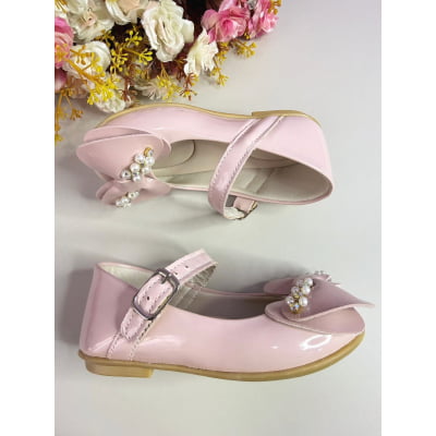 Sapatinho Infantil Nude Verniz C/ Aplique de Lacinho Pérolas