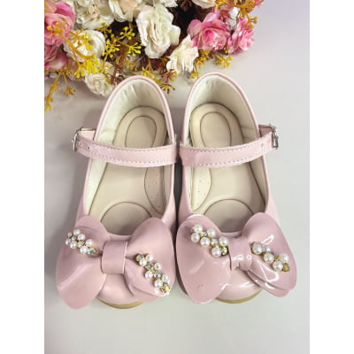 Sapatinho Infantil Nude Verniz C/ Aplique de Lacinho Pérolas