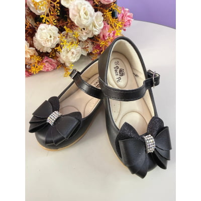 Sapatinho Infantil Preto Fosco C/ Aplique de Lacinho Strass