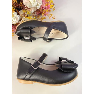 Sapatinho Infantil Preto Fosco C/ Aplique de Lacinho Strass