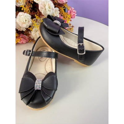 Sapatinho Infantil Preto Fosco C/ Aplique de Lacinho Strass